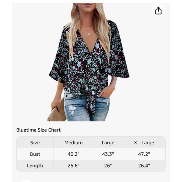 Farktop Women's Floral Blouse V Neck Tie Chiffon Shirt Size M Black Boho - Picture 4 of 11